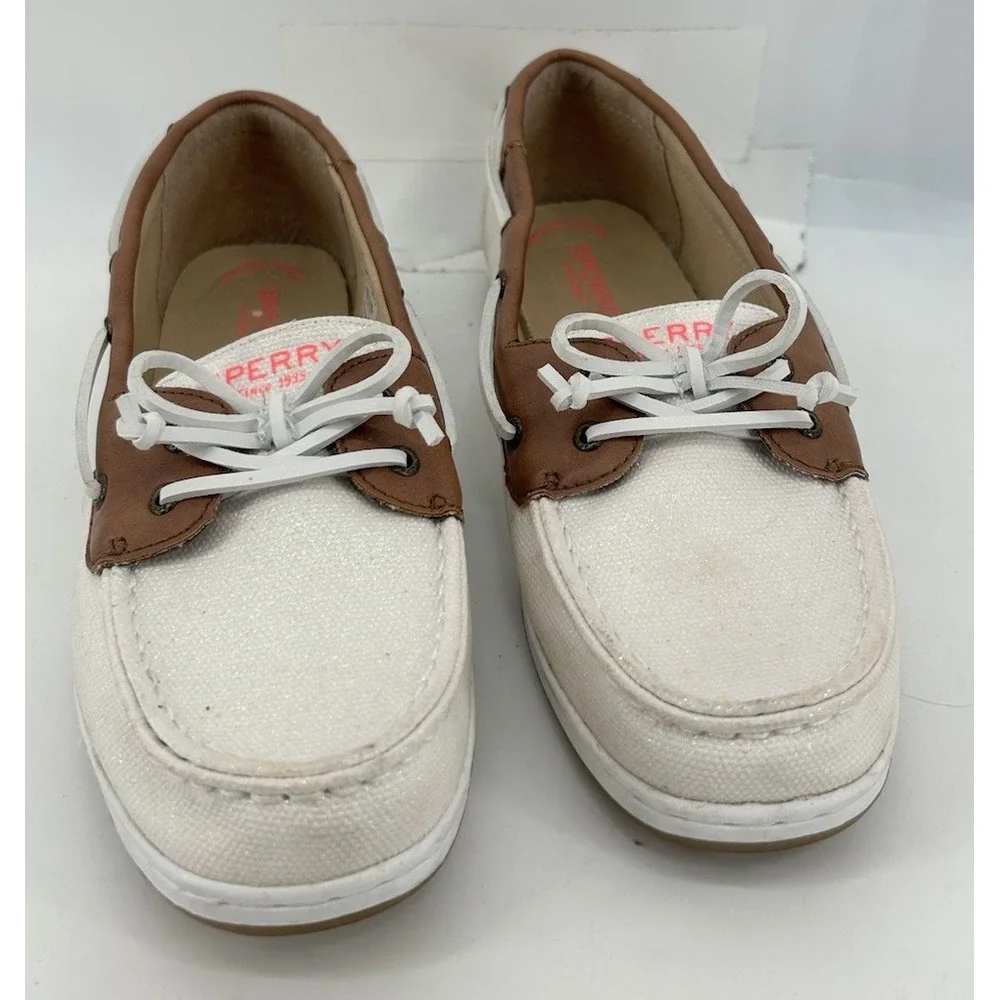 Sperry Topsider Firefish Cream Canvas Boat Shoes With Tan‎ Leather Women's 6M